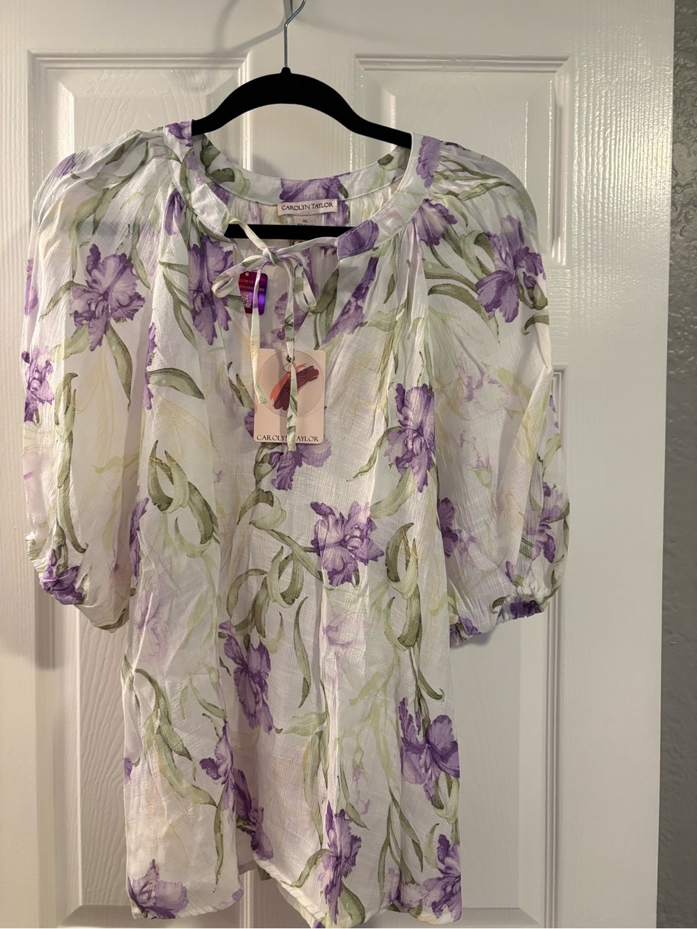 Carolyn Taylor White Sheer Floral Tie-Neck Blouse with Lavender Blooms